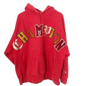 Vintage Champion Spellout Hoodie Red Old English Print Y2K Reverse Weave 2XL